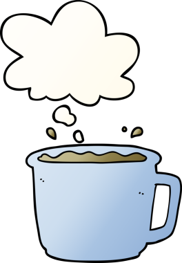 Düşünce baloncuklu çizgi film kahve fincanı bir insan tarafından çizilmiş.