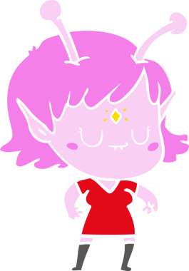 Bir insan tarafından çizilmiş düz renkli uzaylı kız çizgi filmi.