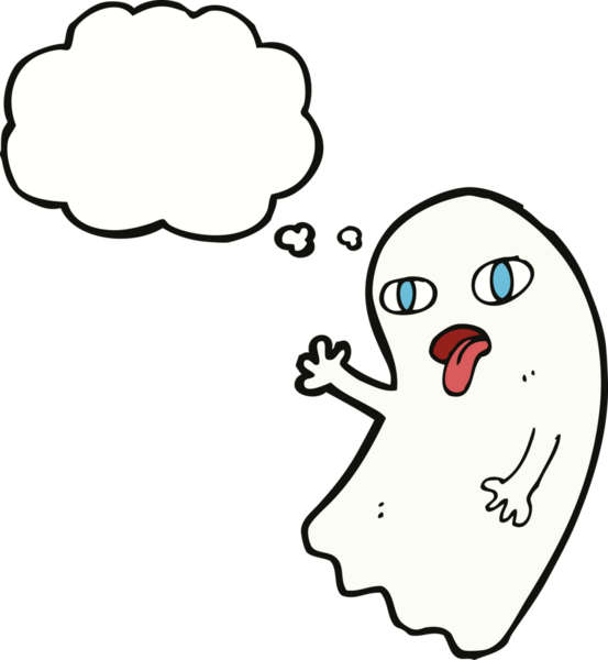 Bir insan tarafından çizilmiş düşünce baloncuklu komik çizgi film hayaleti.