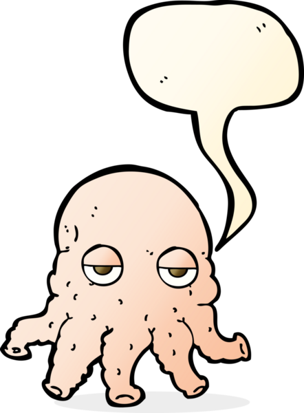 Bir insan tarafından çizilmiş konuşma baloncuklu uzaylı mürekkep balığı yüzü.