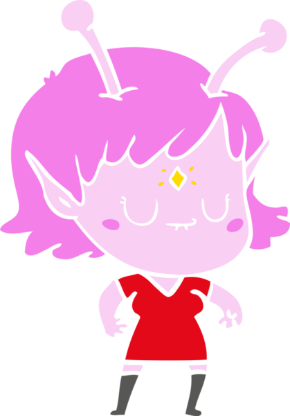 Bir insan tarafından çizilmiş düz renkli uzaylı kız çizgi filmi.