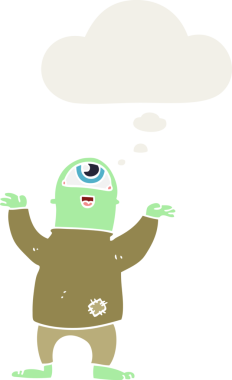 Bir insan tarafından çizilmiş düşünce baloncuklu cadılar bayramı canavarı çizgi filmi.