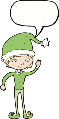 Bir insan tarafından çizilmiş bir konuşma balonuyla Noel elfini sallayan bir çizgi film.