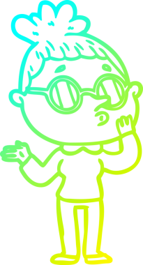 Bir insan tarafından çizilmiş güneş gözlüğü takan çizgi film kadını çizimi.