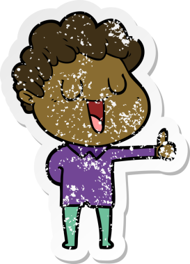 Bir insan tarafından çizilmiş işaret veren, gülen bir çizgi film karakterinin sıkıntılı çıkartması.