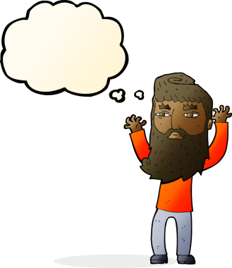 Çizgi film sakallı adam, bir insan tarafından çizilmiş düşünce balonuyla kollarını sallıyor.