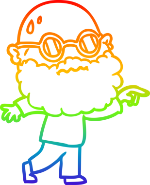 Gökkuşağı gradyan çizimi sakallı ve gözlüklü endişeli bir adamın bir insan tarafından çizilmiş parmağı.