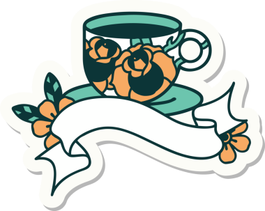 Bir fincanın pankartıyla dövme stili çıkartması ve bir insanın çizdiği çiçekler