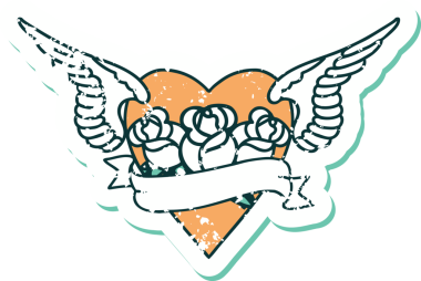 İkonik sıkıntılı dövme stili kanatlı kalp resmi çiçekler ve bir insan tarafından çizilmiş pankart