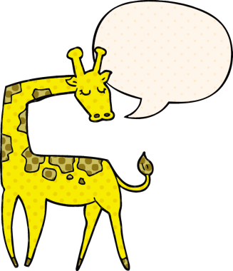 Bir insan tarafından çizilmiş çizgi roman tarzında konuşma balonu olan bir zürafa.