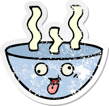 Bir insan tarafından çizilmiş sıcak çorba kasesinin hüzünlü çıkartması.