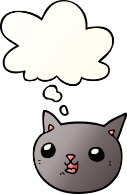 Bir insan tarafından çizilmiş yumuşak eğimli düşünce baloncuklu çizgi film kedisi.