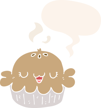 Bir insan tarafından çizilmiş, konuşma baloncuklu şirin bir çizgi film pastası.