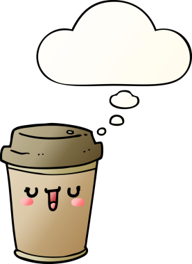 Çizgi film, bir insan tarafından çizilmiş yumuşak eğimli düşünce baloncuklu kahveyi dışarı çıkarır