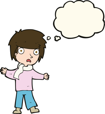 Bir insan tarafından çizilmiş düşünce baloncuğu olan mutsuz bir çocuk.