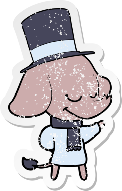 Bir insan tarafından çizilmiş silindir şapkalı, gülümseyen bir fil çıkartması.