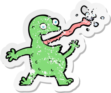 Bir insan tarafından çizilmiş sineği yakalayan bir kurbağanın gerilimli çıkartması.