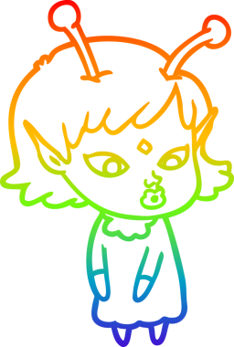 Gökkuşağı gradyan çizgisi bir insan tarafından çizilmiş güzel bir uzaylı kızın çizimi.