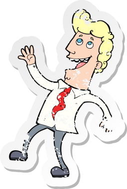 Bir insan tarafından çizilmiş, karikatürlü, mutlu bir ofis adamının gerilimli çıkartması.