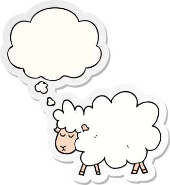 İnsan tarafından çizilmiş bir çıkartma olarak düşünce baloncuğu olan çizgi film koyunu.