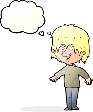 Bir insan tarafından çizilmiş düşünce baloncuğu ile heyecanlı bir adam.