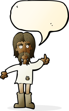 Bir insan tarafından çizilmiş konuşma baloncuğuyla baş parmağıyla işaret veren hippi çizgi film adamı.