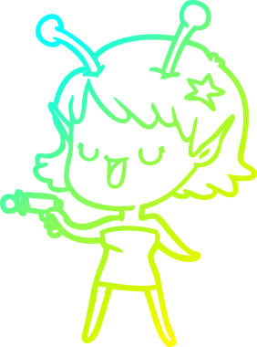 Bir insan tarafından çizilmiş mutlu bir uzaylı kız çizgi filmi.