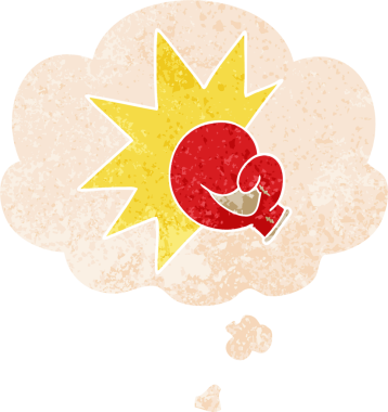 Düşünce baloncuğu ile boks eldiveni karikatürü grunge sıkıntılı retro tarzı bir insan tarafından çizilmiş