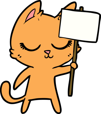 Bir insan tarafından çizilmiş pankartlı sakin çizgi film kedisi.