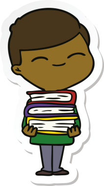 Bir insan tarafından çizilmiş kitap yığınıyla gülümseyen bir çocuğun çıkartması.