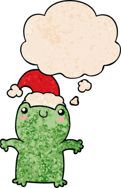 Bir insan tarafından çizilmiş grunge desenli düşünce baloncuklu Noel şapkası takan sevimli bir kurbağa.