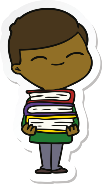 Bir insan tarafından çizilmiş kitap yığınıyla gülümseyen bir çocuğun çıkartması.