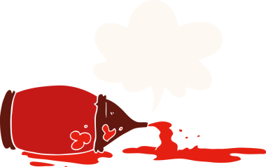 Bir insan tarafından çizilmiş eski moda konuşma baloncuklu ketçap şişesi döküldü.