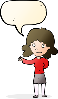 Bir insan tarafından çizilmiş konuşma balonu olan karikatür dostu bir kadın.