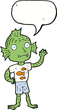 Bir insan tarafından çizilmiş konuşma balonlu balık çocuk.