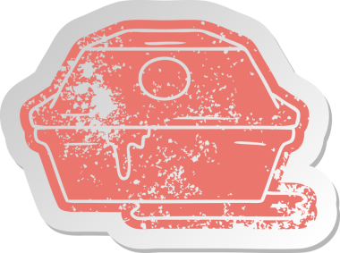 Bir insan tarafından çizilmiş hamburger konteynırının sıkıntılı eski çizgi film etiketi.