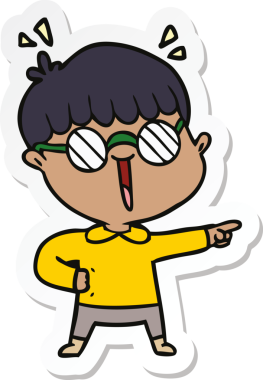 Bir insan tarafından çizilmiş gözlüklü bir çizgi film çocuğunun çıkartması.