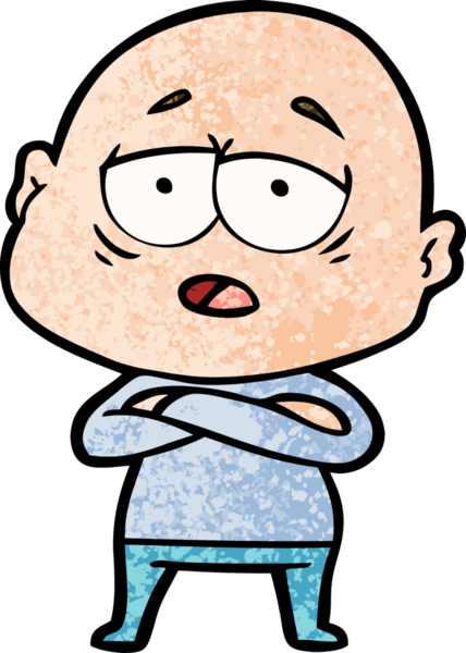 Bir insan tarafından çizilmiş yorgun, kel bir adam.