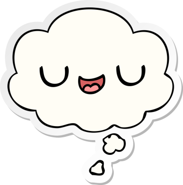 Düşünce baloncuğu olan sevimli çizgi film yüzü bir insan tarafından çizilmiş çıkartma gibi.