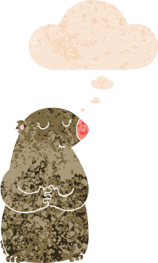 Bir insan tarafından çizilmiş grunge sıkıntılı retro tarzı düşünce baloncuğu ile sevimli çizgi film ayısı