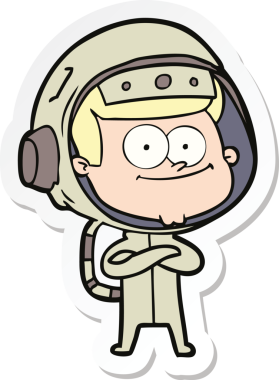 Bir insan tarafından çizilmiş mutlu bir astronot çizgi filminin çıkartması.