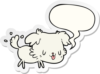 Bir insan tarafından çizilmiş konuşma kabarcığı çıkartmasıyla kuyruğunu sallayan sevimli bir çizgi film köpeği.