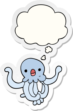 Düşünce baloncuklu çizgi film denizanası insan tarafından çizilmiş bir çıkartma.