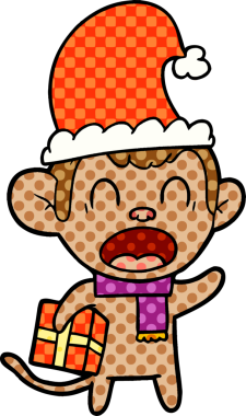 Bağıran maymun bir insan tarafından çizilmiş Noel hediyesini taşıyor.