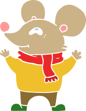 Bir insan tarafından çizilmiş atkı takan düz renk çizgi film faresi