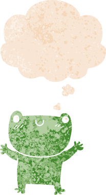 Düşünce baloncuğu ile çizgi film kurbağası grunge sıkıntılı retro dokuma tarzı bir insan tarafından çizilmiş