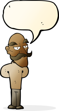 Bir insan tarafından çizilmiş, bıyıklı yaşlı bir çizgi film karakteri.