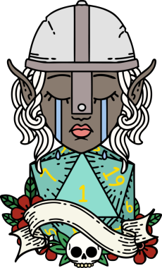 Retro Dövme Tarzı Ağlayan Elf Savaşçısı karakteri yüzü ve bir insan tarafından çizilmiş D20 rulosu.