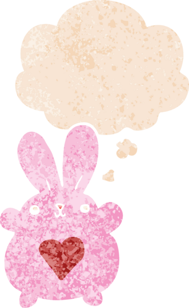 Sevgi dolu karikatür tavşanı. Düşünce baloncuğu ve grunge dertli retro tarzı bir insan tarafından çizilmiş.