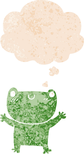Düşünce baloncuğu ile çizgi film kurbağası grunge sıkıntılı retro dokuma tarzı bir insan tarafından çizilmiş